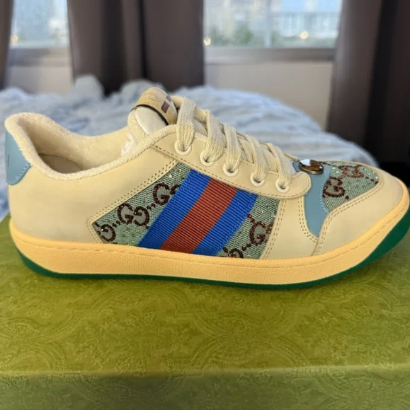 Gucci Crystal Embellished Cream and Blue Sneakers - Picture 3 of 11